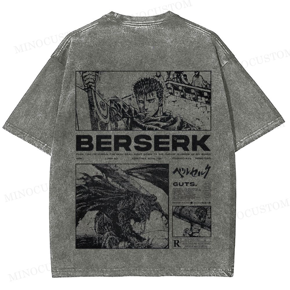 Berserk Dark Fantasy Action Manga Graphic Washed T-Shirt 