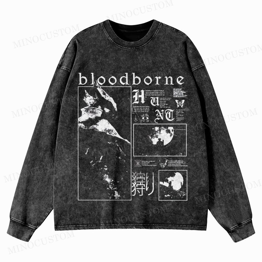 Bloodborne Action RPG Horror Graphic Washed Long-Sleeved T-Shirt