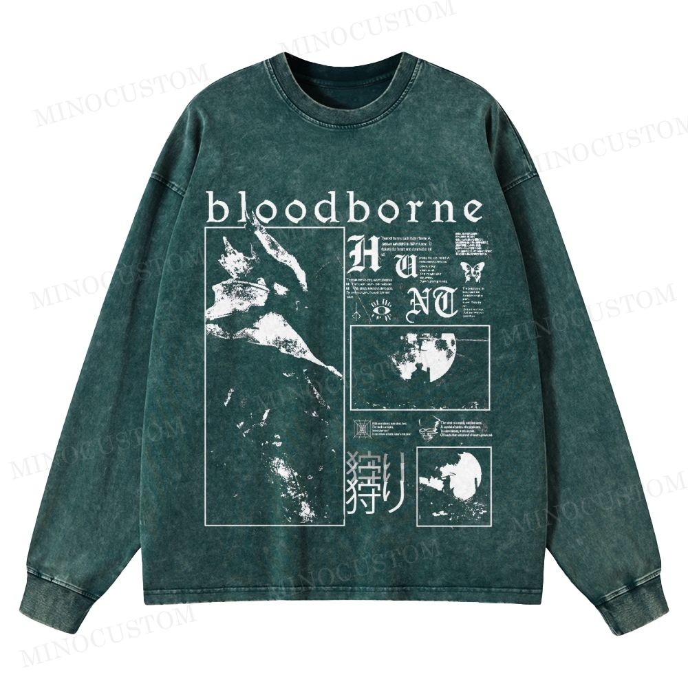 Bloodborne Action RPG Horror Graphic Washed Long-Sleeved T-Shirt 