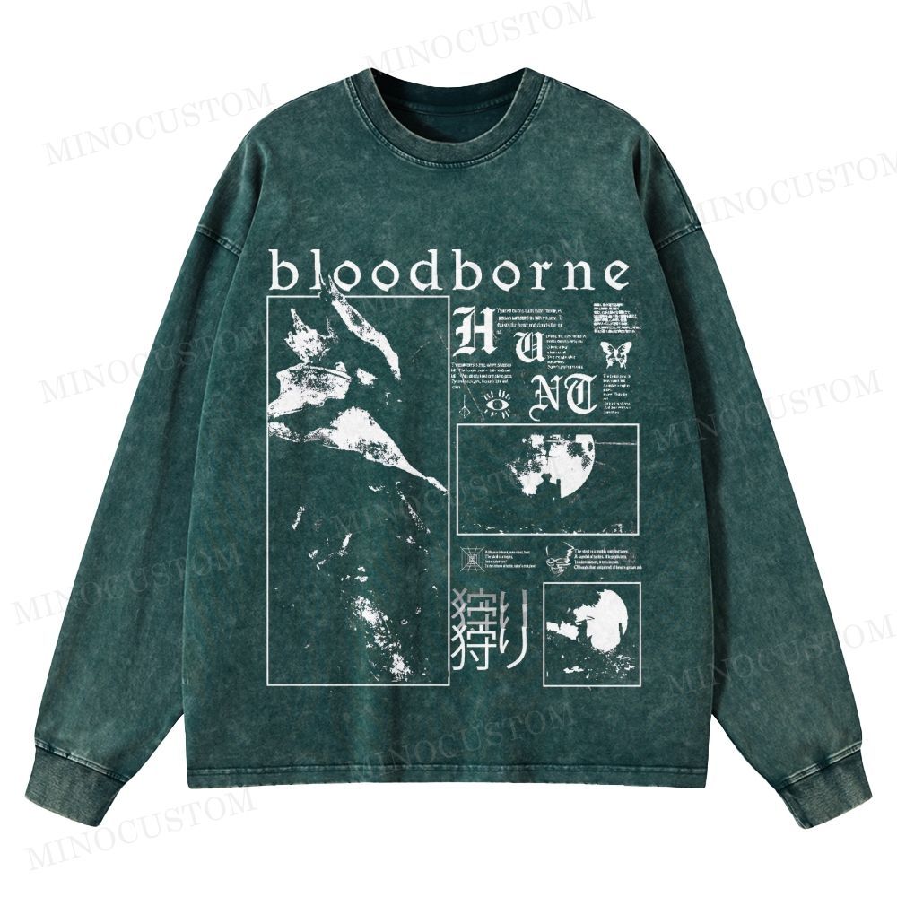 Bloodborne Action RPG Horror Graphic Washed Long-Sleeved T-Shirt 
