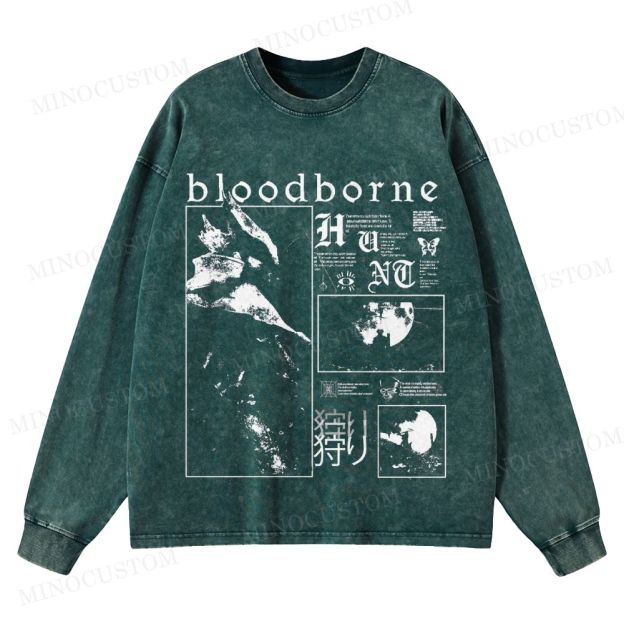 Bloodborne Action RPG Horror Graphic Washed Long-Sleeved T-Shirt 