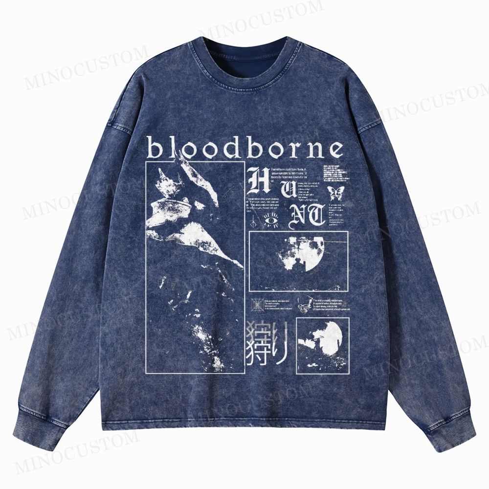 Bloodborne Action RPG Horror Graphic Washed Long-Sleeved T-Shirt 
