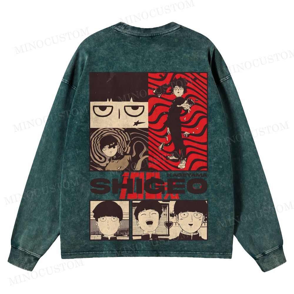 Mob Psycho 100 Supernatural Action Anime Graphic Washed Long-Sleeved T-Shirt