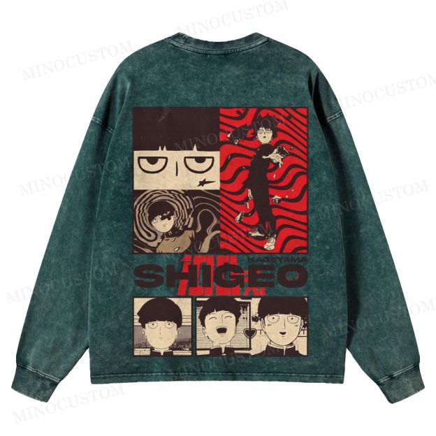 Mob Psycho 100 Supernatural Action Anime Graphic Washed Long-Sleeved T-Shirt