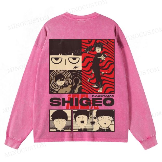Mob Psycho 100 Supernatural Action Anime Graphic Washed Long-Sleeved T-Shirt