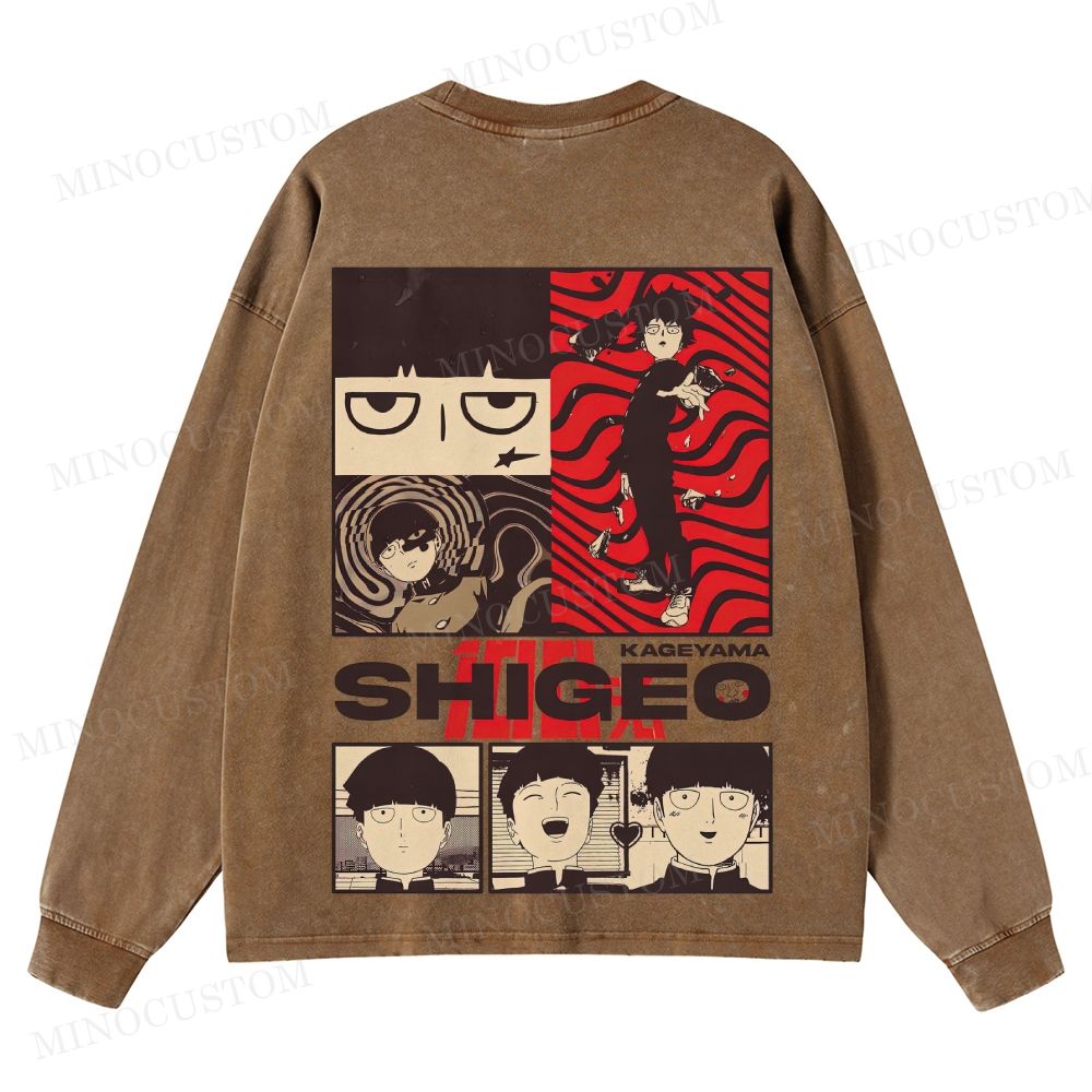 Mob Psycho 100 Supernatural Action Anime Graphic Washed Long-Sleeved T-Shirt
