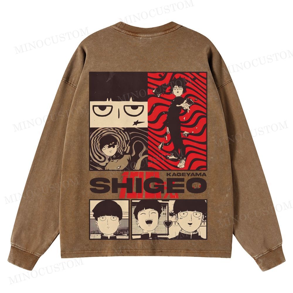 Mob Psycho 100 Supernatural Action Anime Graphic Washed Long-Sleeved T-Shirt
