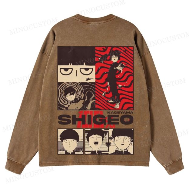 Mob Psycho 100 Supernatural Action Anime Graphic Washed Long-Sleeved T-Shirt
