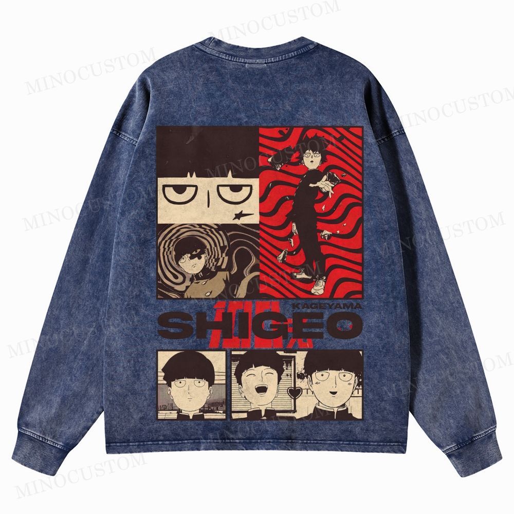 Mob Psycho 100 Supernatural Action Anime Graphic Washed Long-Sleeved T-Shirt