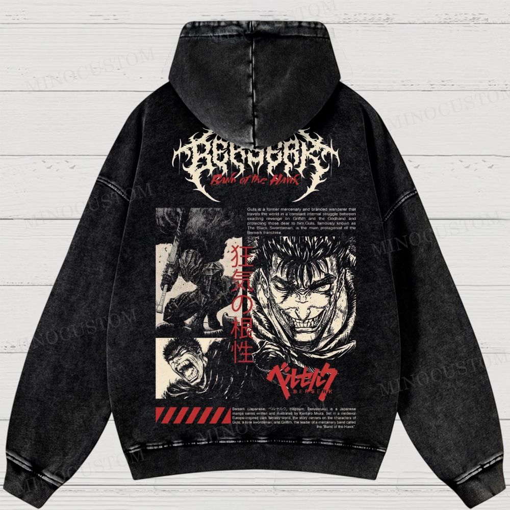 Berserk Dark Fantasy Action Graphic Washed Hoodies