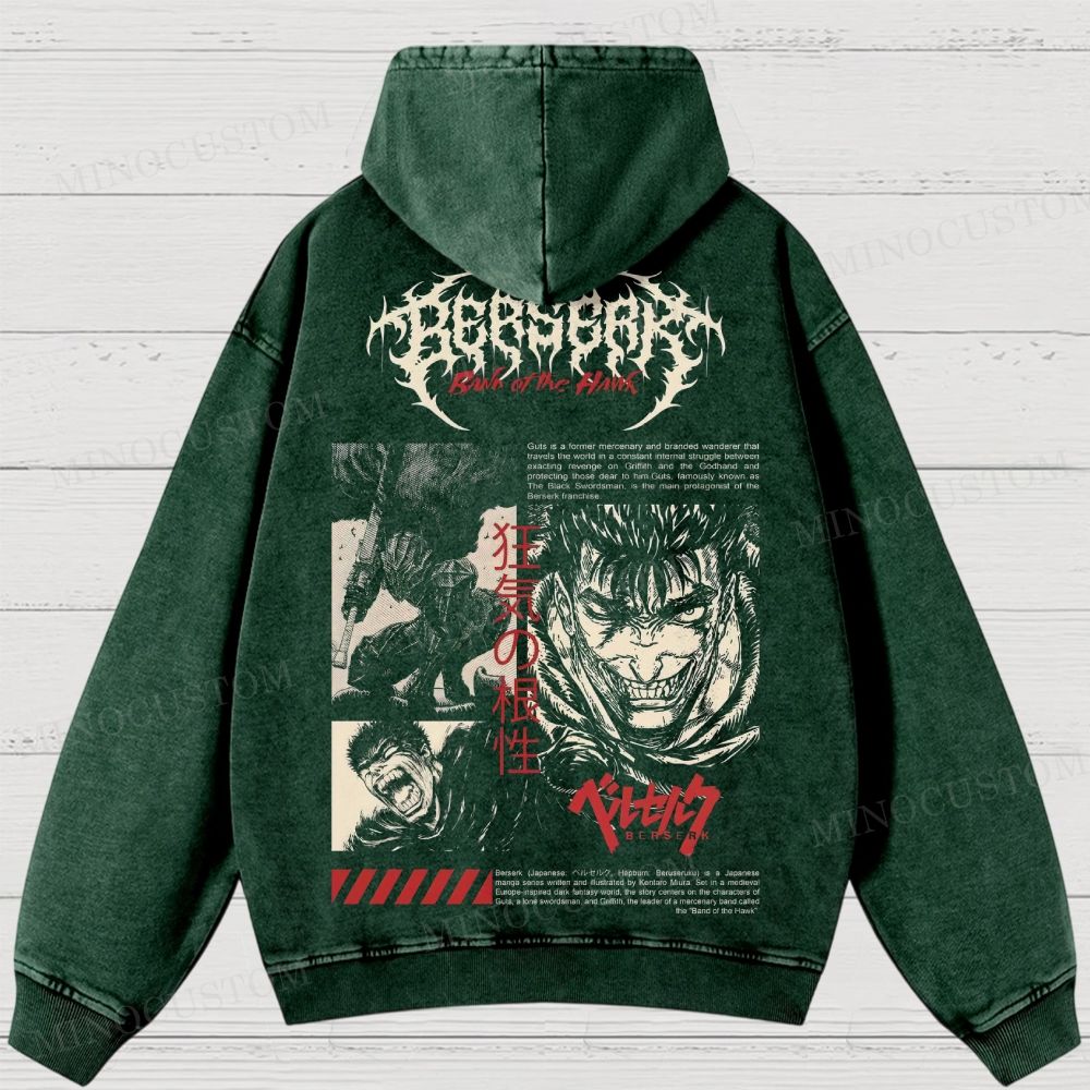 Berserk Dark Fantasy Action Graphic Washed Hoodies