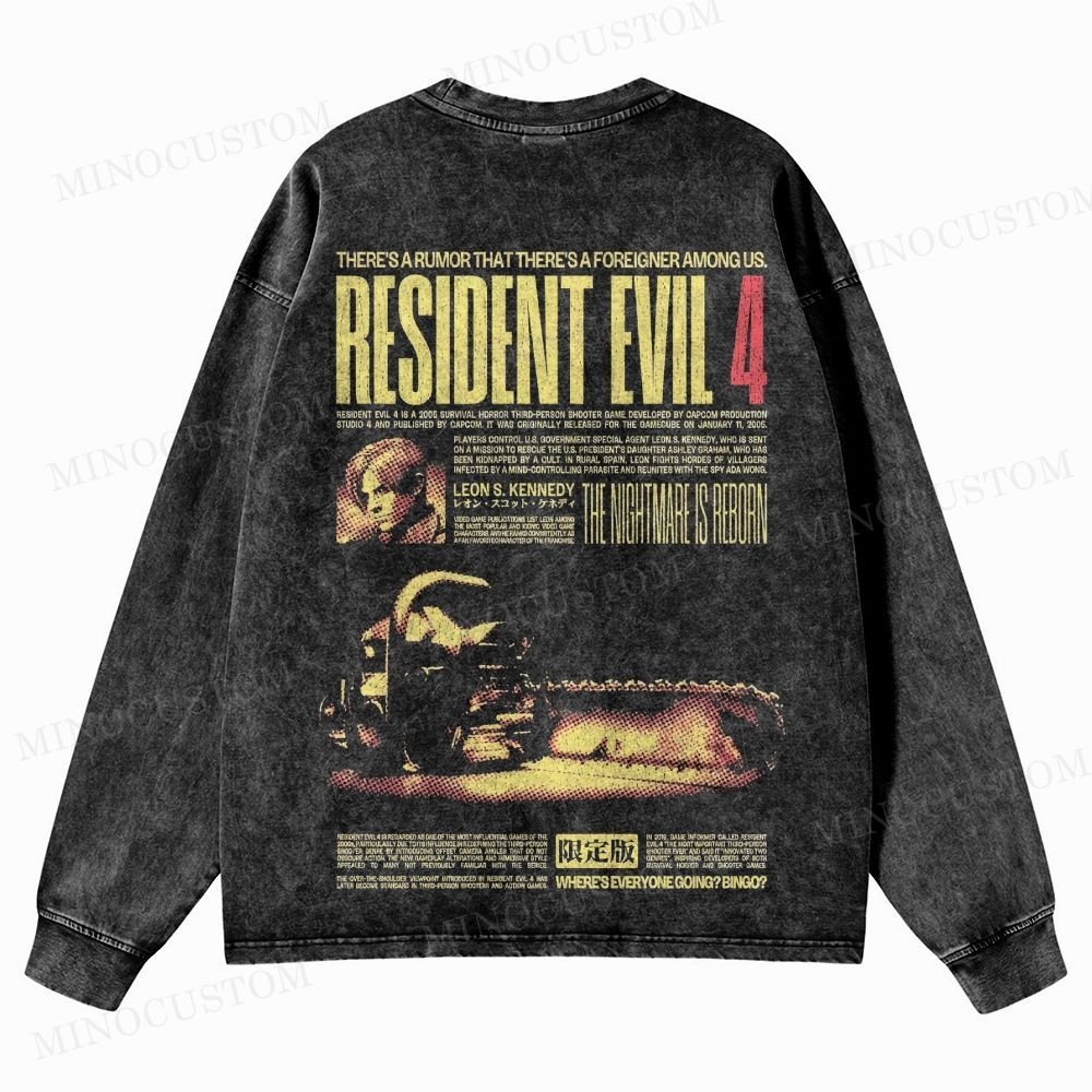 Resident Evil 4 Survival Horror Game Graphic Washed Long-Sleeved T-Shirt