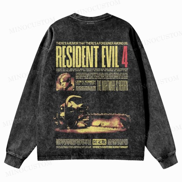 Resident Evil 4 Survival Horror Game Graphic Washed Long-Sleeved T-Shirt