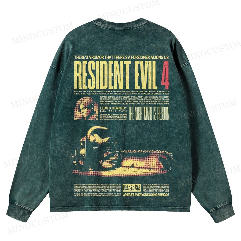 Resident Evil 4 Survival Horror Game Graphic Washed Long-Sleeved T-Shirt