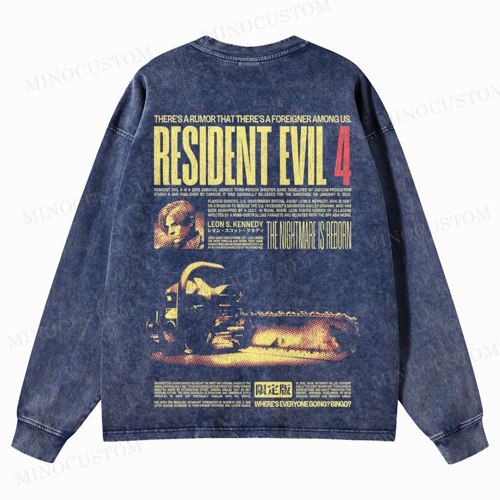Resident Evil 4 Survival Horror Game Graphic Washed Long-Sleeved T-Shirt