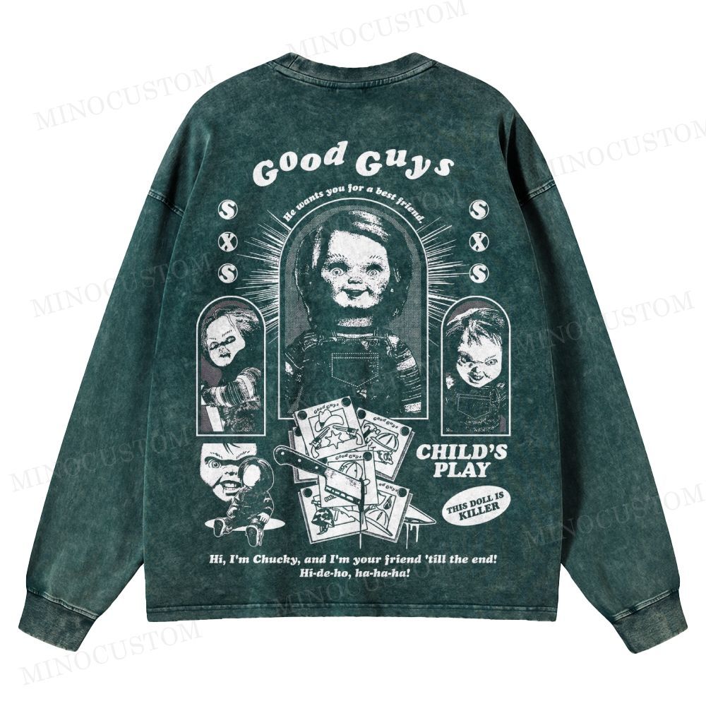 Child's Play Slasher Horror Graphic Washed Long-Sleeved T-Shirt
