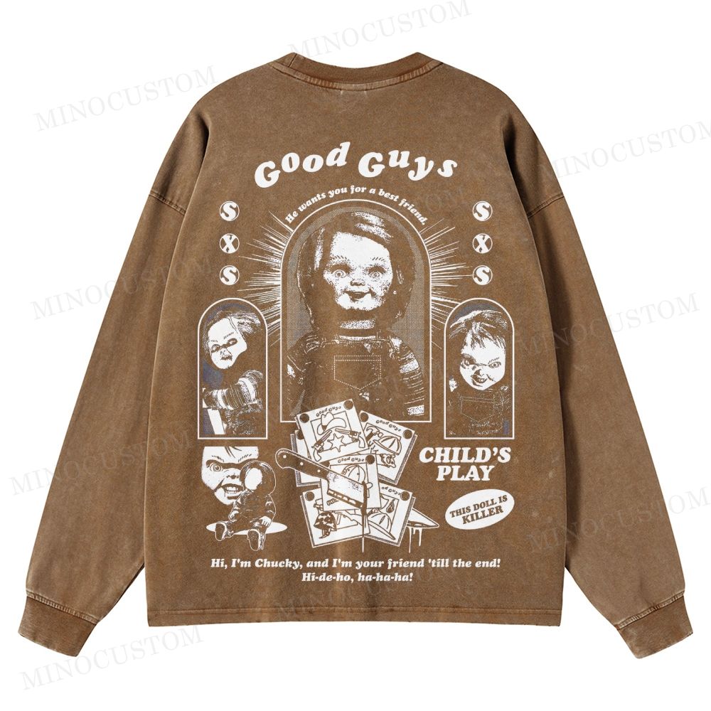 Child's Play Slasher Horror Graphic Washed Long-Sleeved T-Shirt