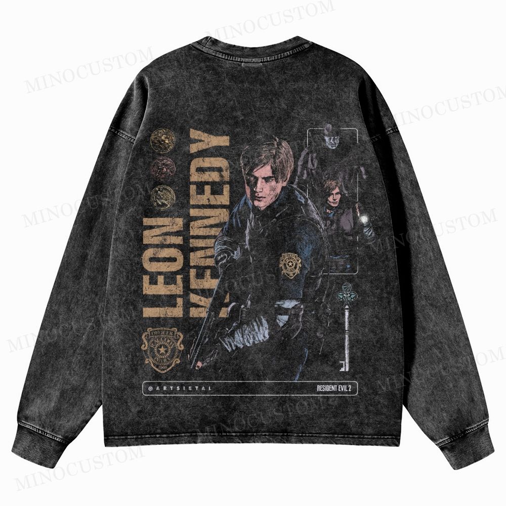 Resident Evil 2 Survival Horror Game Graphic Washed Long-Sleeved T-Shirt 