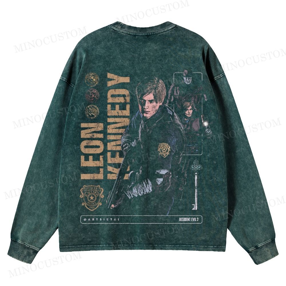 Resident Evil 2 Survival Horror Game Graphic Washed Long-Sleeved T-Shirt 