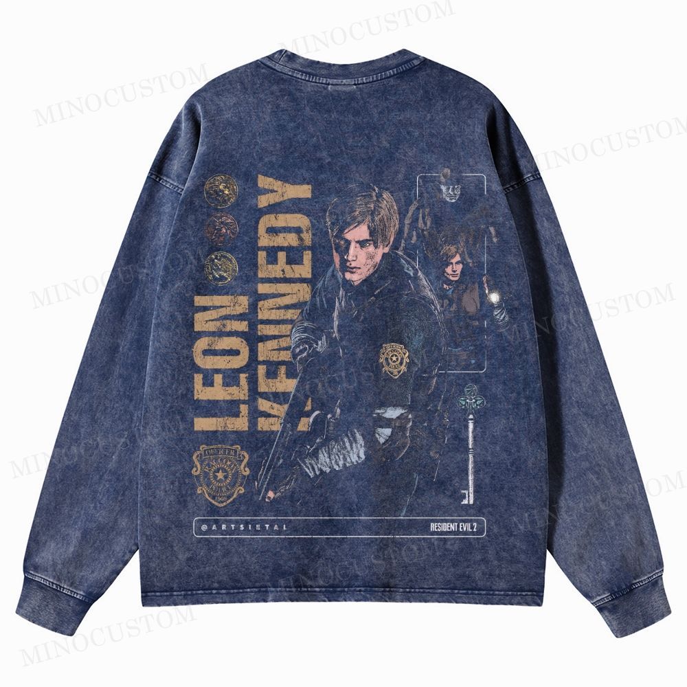 Resident Evil 2 Survival Horror Game Graphic Washed Long-Sleeved T-Shirt 