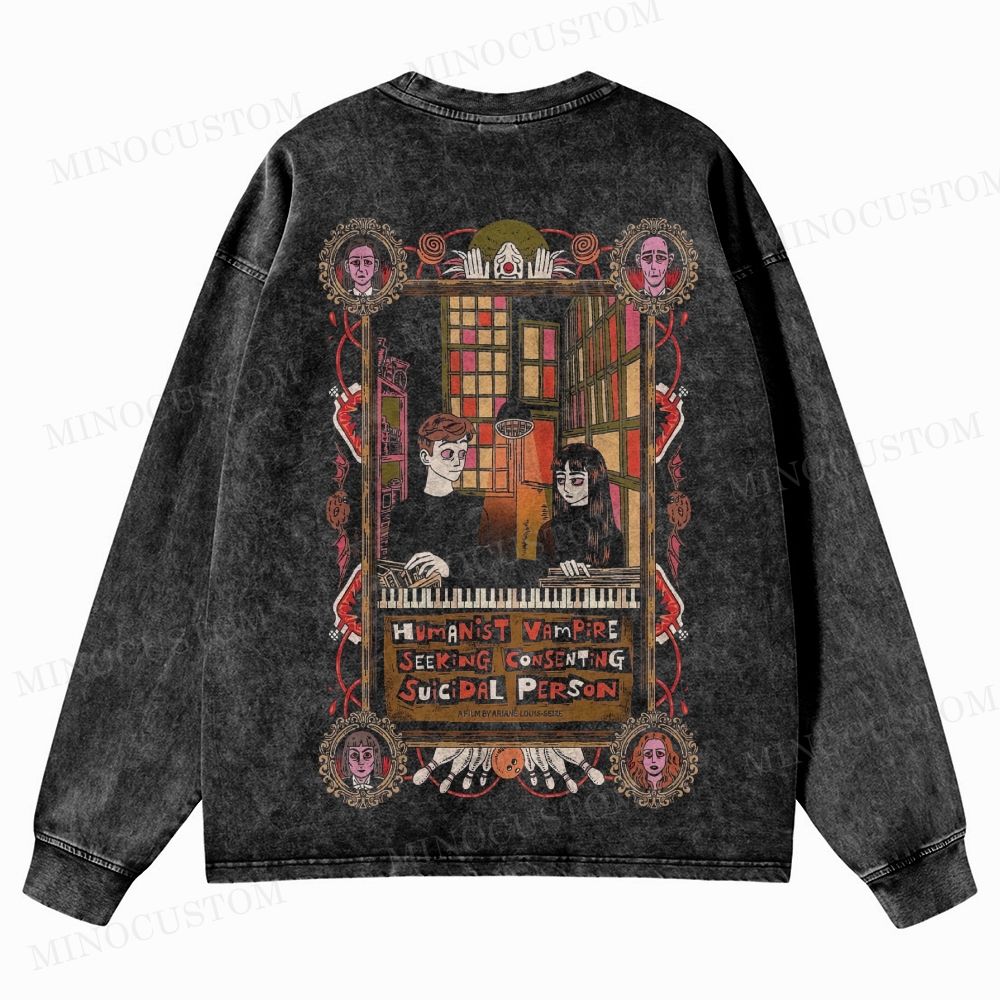 Humanist Vampire Seeking Consenting Suicidal Person Dark Comedy Horror Graphi Washed Long-Sleeved T-Shirt