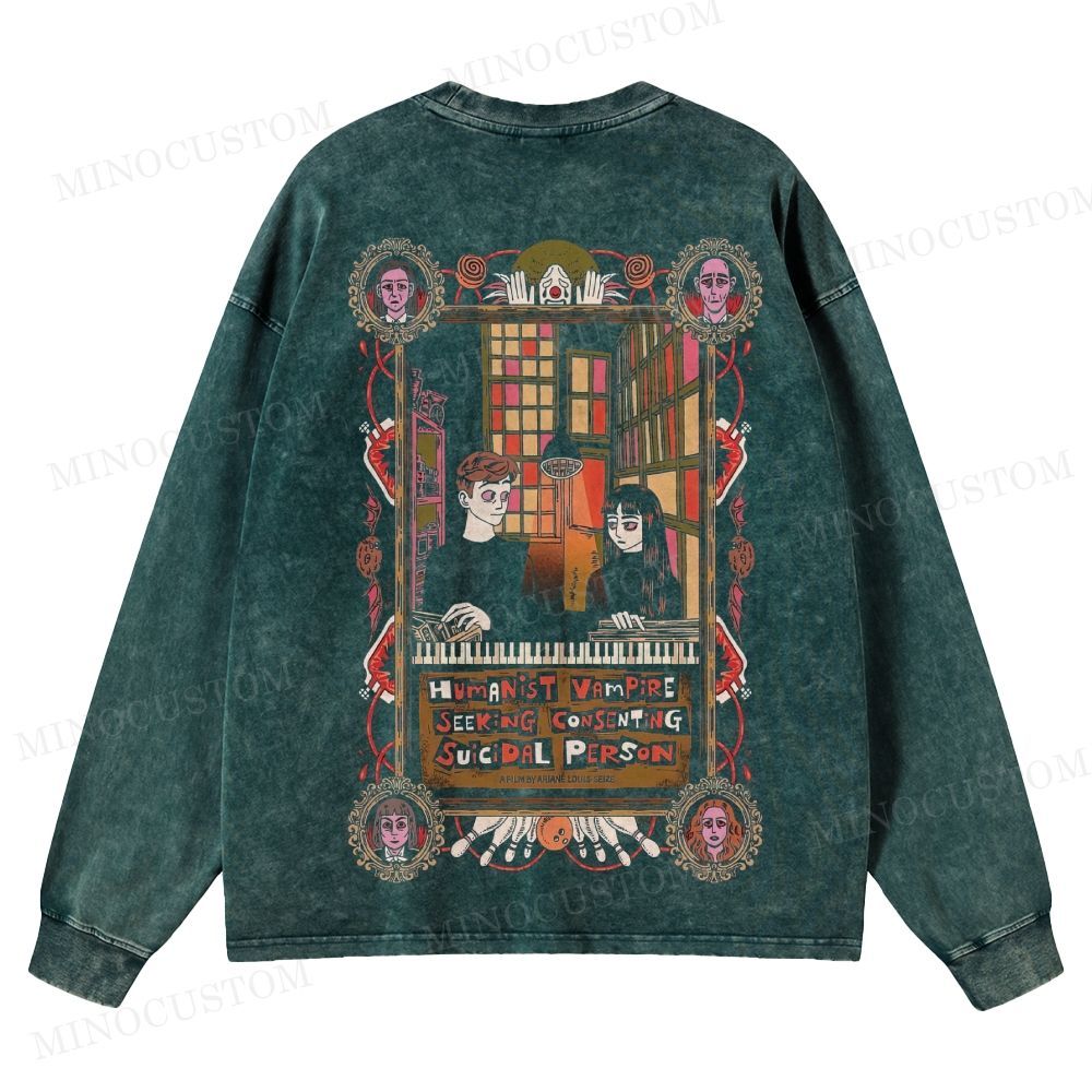 Humanist Vampire Seeking Consenting Suicidal Person Dark Comedy Horror Graphi Washed Long-Sleeved T-Shirt