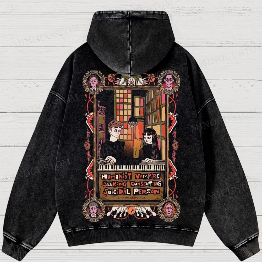 Humanist Vampire Seeking Consenting Suicidal Person Dark Comedy Horror Graphic Washed Hoodies