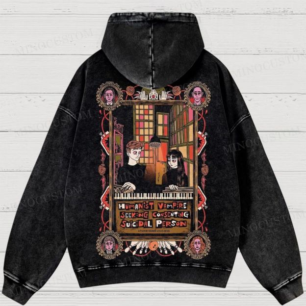 Humanist Vampire Seeking Consenting Suicidal Person Dark Comedy Horror Graphic Washed Hoodies