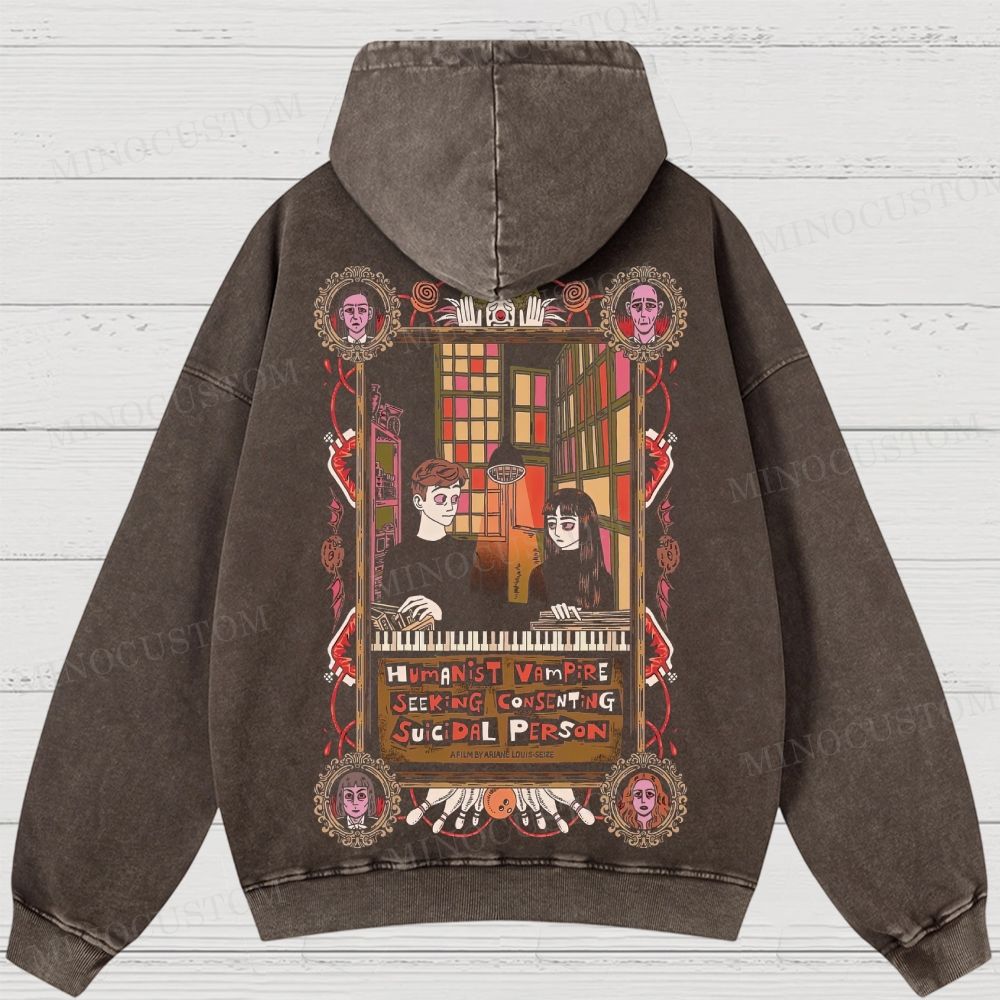 Humanist Vampire Seeking Consenting Suicidal Person Dark Comedy Horror Graphic Washed Hoodies