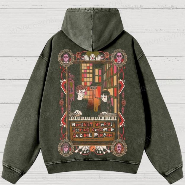 Humanist Vampire Seeking Consenting Suicidal Person Dark Comedy Horror Graphic Washed Hoodies
