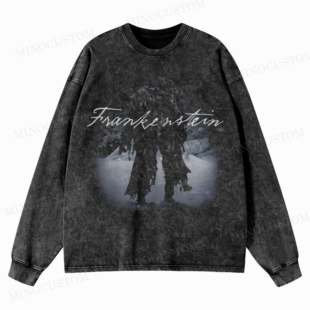 Frankenstein (Guillermo del Toro’s Version) Gothic Horror Retro Graphic Washed Long-Sleeved T-Shirt