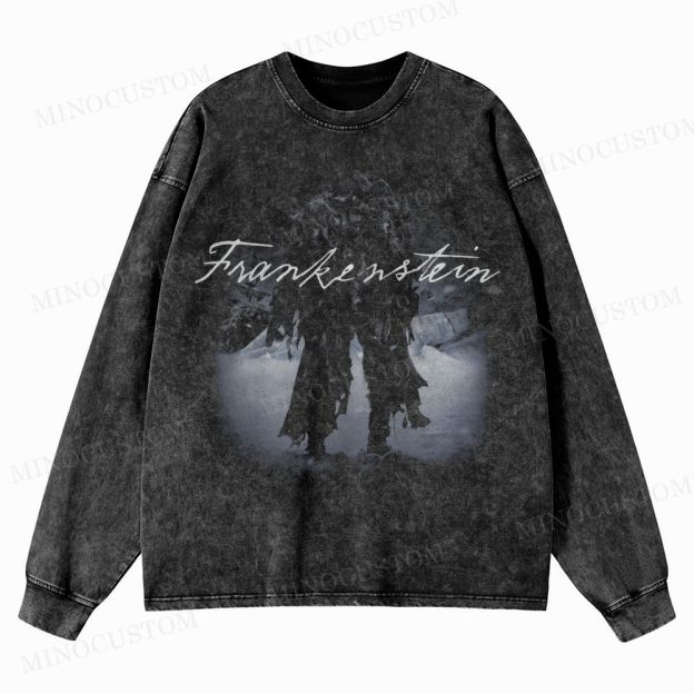 Frankenstein (Guillermo del Toro’s Version) Gothic Horror Retro Graphic Washed Long-Sleeved T-Shirt