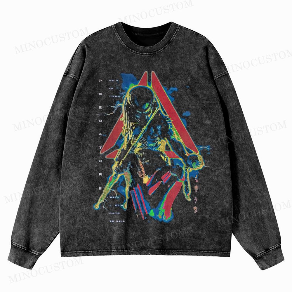Predator 2 Sci-Fi Action Horror Graphic Washed Long-Sleeved T-Shirt 