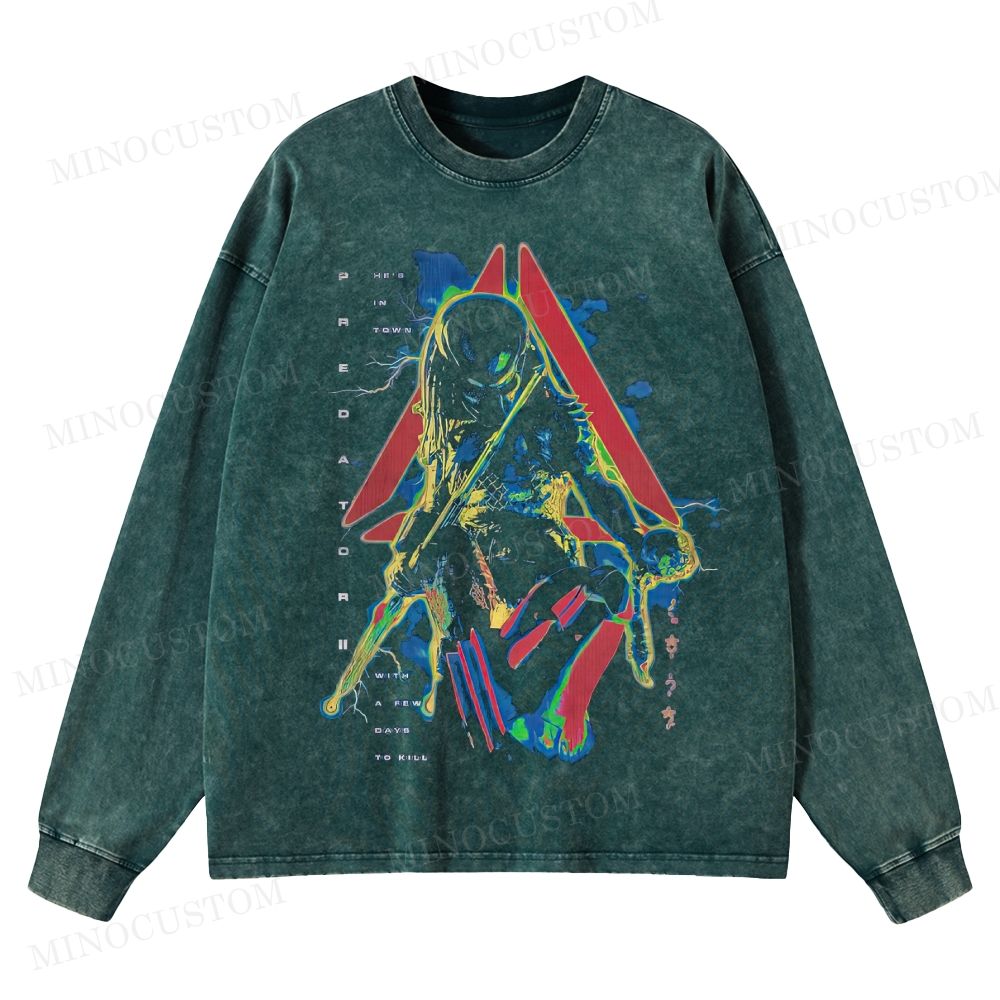 Predator 2 Sci-Fi Action Horror Graphic Washed Long-Sleeved T-Shirt 