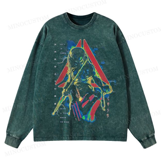 Predator 2 Sci-Fi Action Horror Graphic Washed Long-Sleeved T-Shirt 