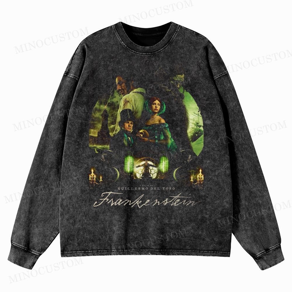 Frankenstein Gothic Horror Graphic Washed Long-Sleeved T-Shirt