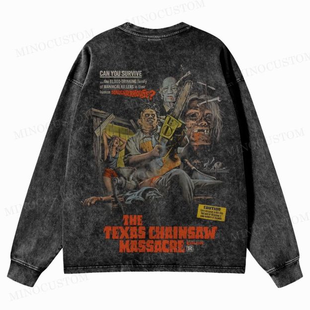The Texas Chain Saw Massacre Slasher Horror Vintage Poster Graphic Washed Long-Sleeved T-Shirt 