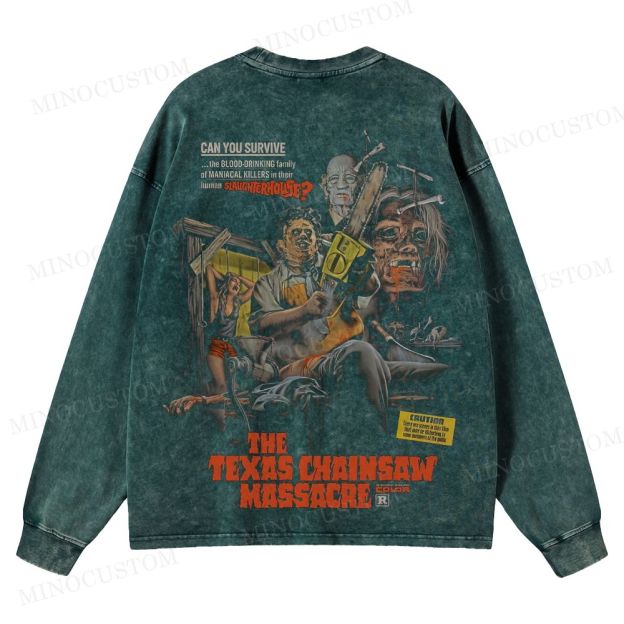 The Texas Chain Saw Massacre Slasher Horror Vintage Poster Graphic Washed Long-Sleeved T-Shirt 