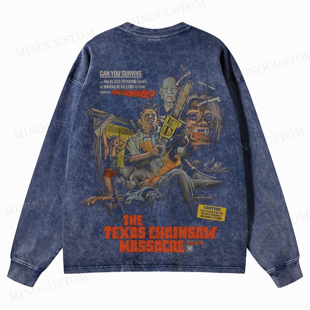 The Texas Chain Saw Massacre Slasher Horror Vintage Poster Graphic Washed Long-Sleeved T-Shirt 