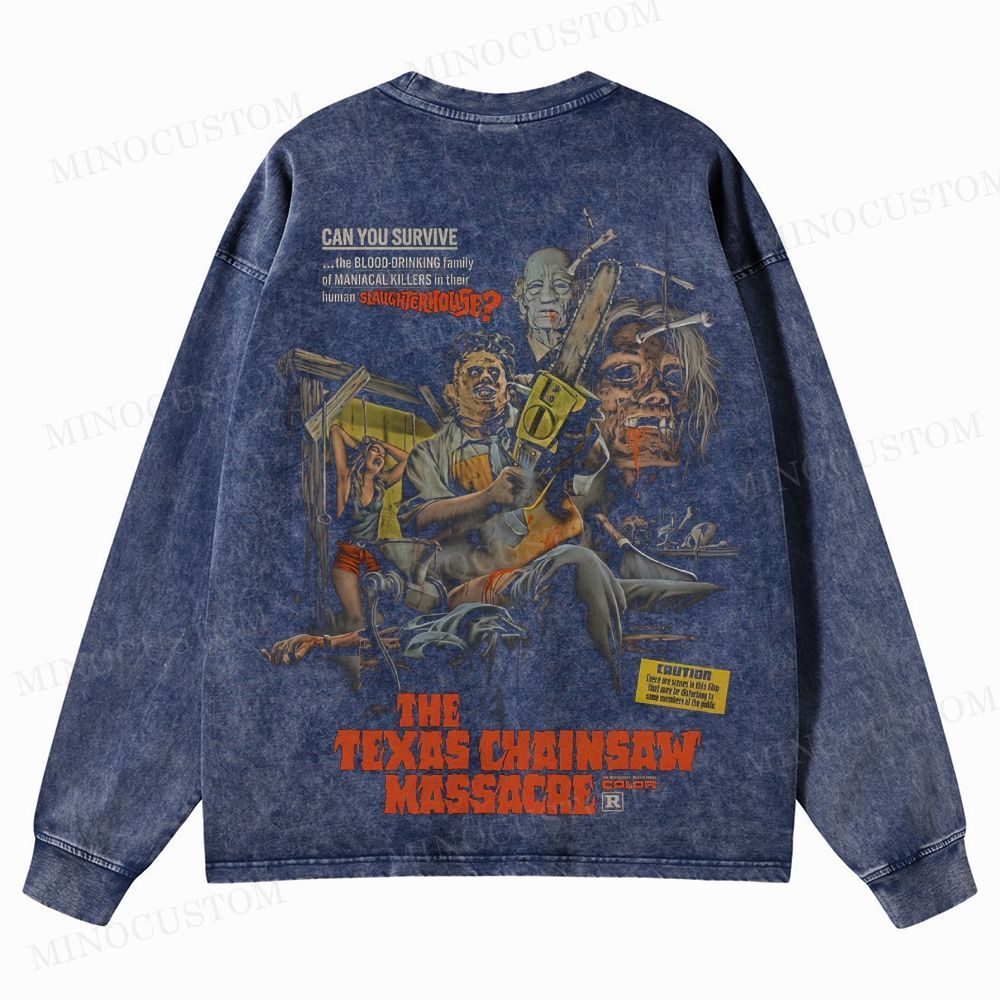 The Texas Chain Saw Massacre Slasher Horror Vintage Poster Graphic Washed Long-Sleeved T-Shirt 