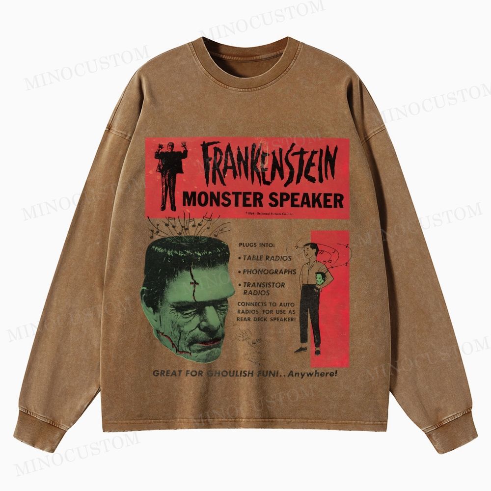 Frankenstein Retro Horror Kitsch Graphic Washed Long-Sleeved T-Shirt