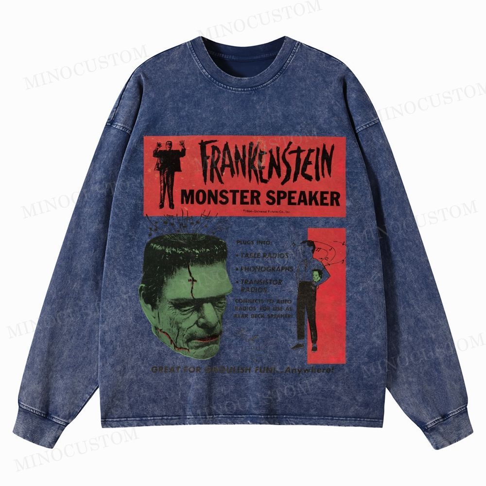 Frankenstein Retro Horror Kitsch Graphic Washed Long-Sleeved T-Shirt