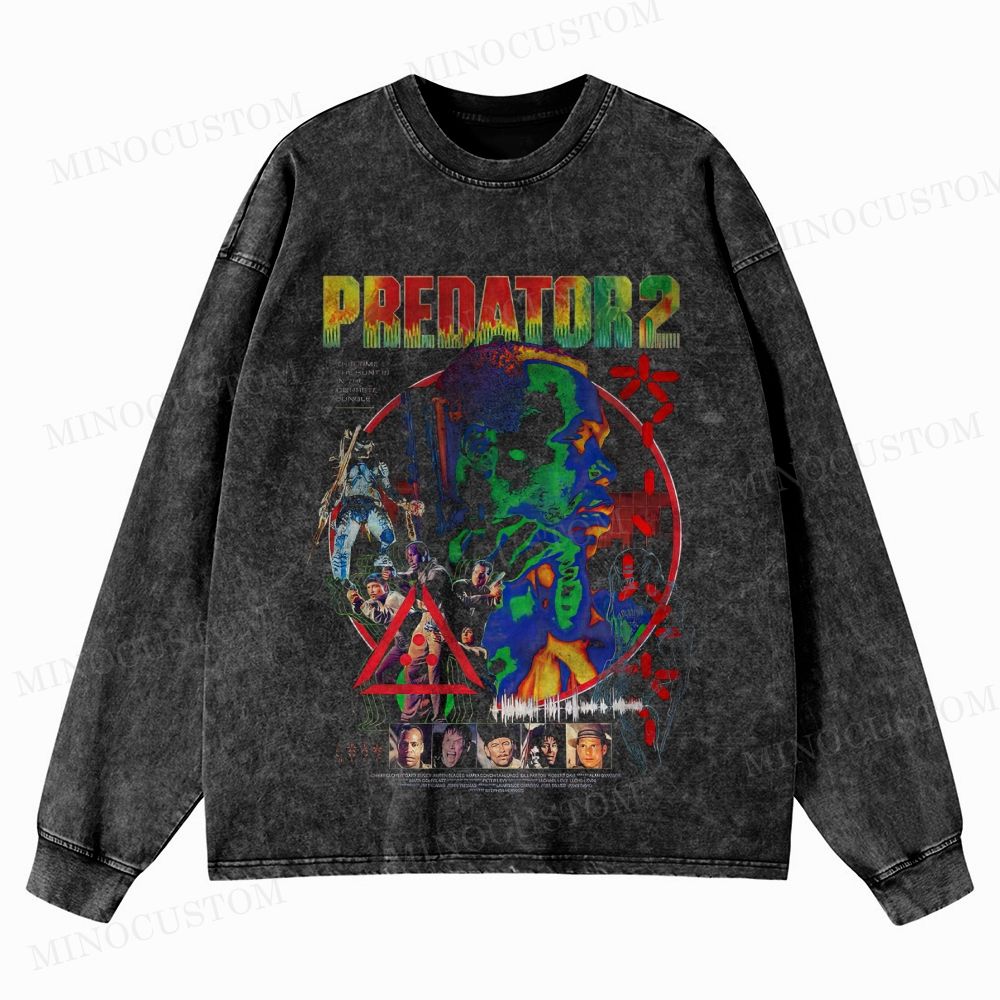 Predator 2 Sci-Fi Action Collage Graphic Washed Long-Sleeved T-Shirt