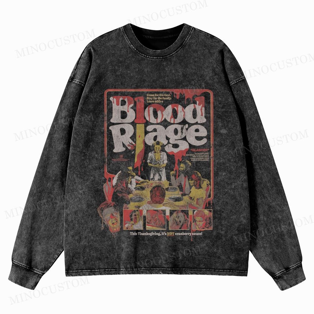 Blood Rage Slasher Horror Vintage Poster Graphic Washed Long-Sleeved T-Shirt