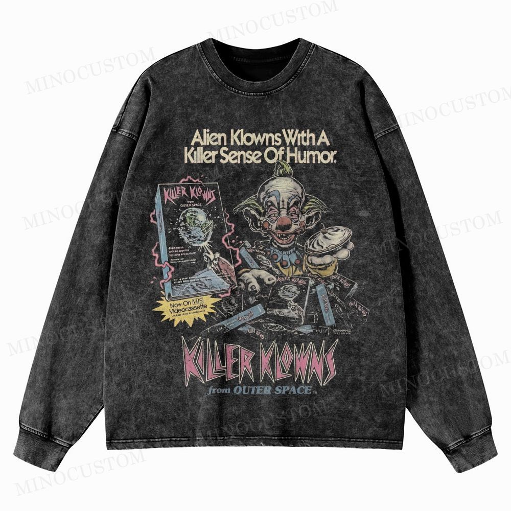 Killer Klowns from Outer Space Horror Comedy Retro VHS Graphic Washed Long-Sleeved T-Shirt