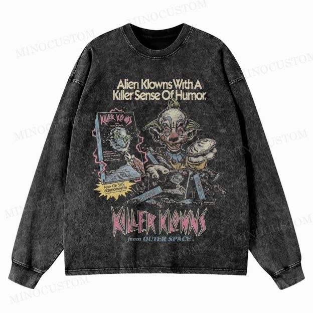Killer Klowns from Outer Space Horror Comedy Retro VHS Graphic Washed Long-Sleeved T-Shirt