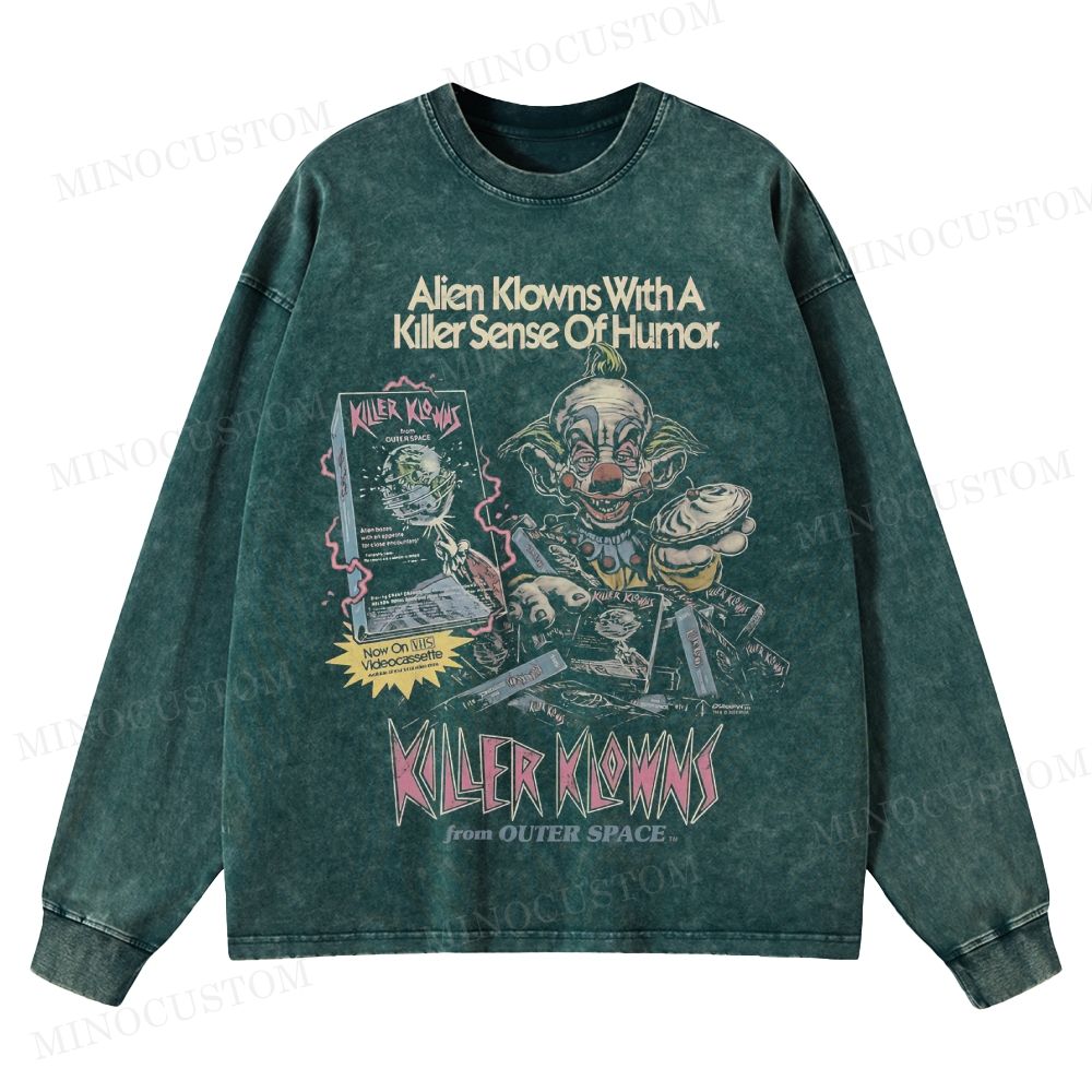 Killer Klowns from Outer Space Horror Comedy Retro VHS Graphic Washed Long-Sleeved T-Shirt