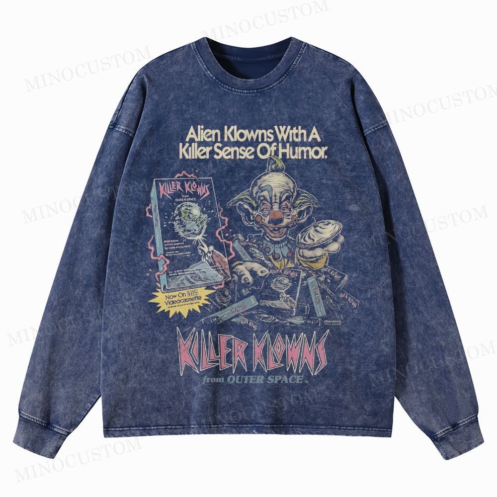 Killer Klowns from Outer Space Horror Comedy Retro VHS Graphic Washed Long-Sleeved T-Shirt
