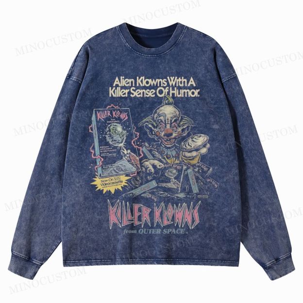Killer Klowns from Outer Space Horror Comedy Retro VHS Graphic Washed Long-Sleeved T-Shirt