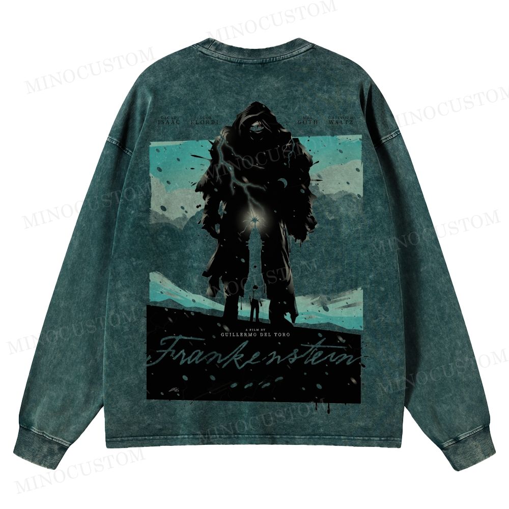 Frankenstein (Guillermo del Toro’s Version) Gothic Horror Retro Art Graphic Washed Long-Sleeved T-Shirt